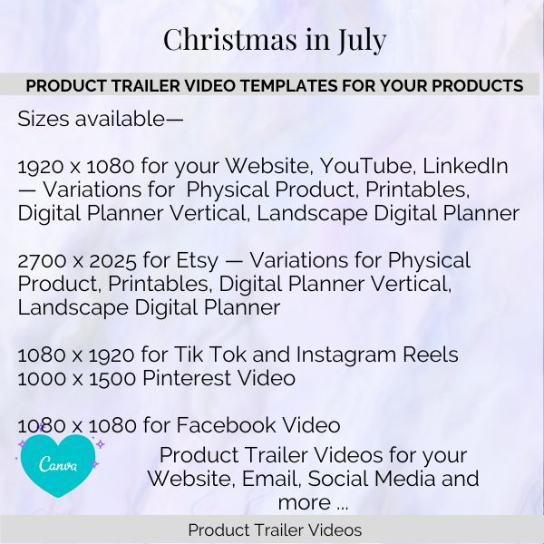Christmas in July Product Trailer Video Sizes